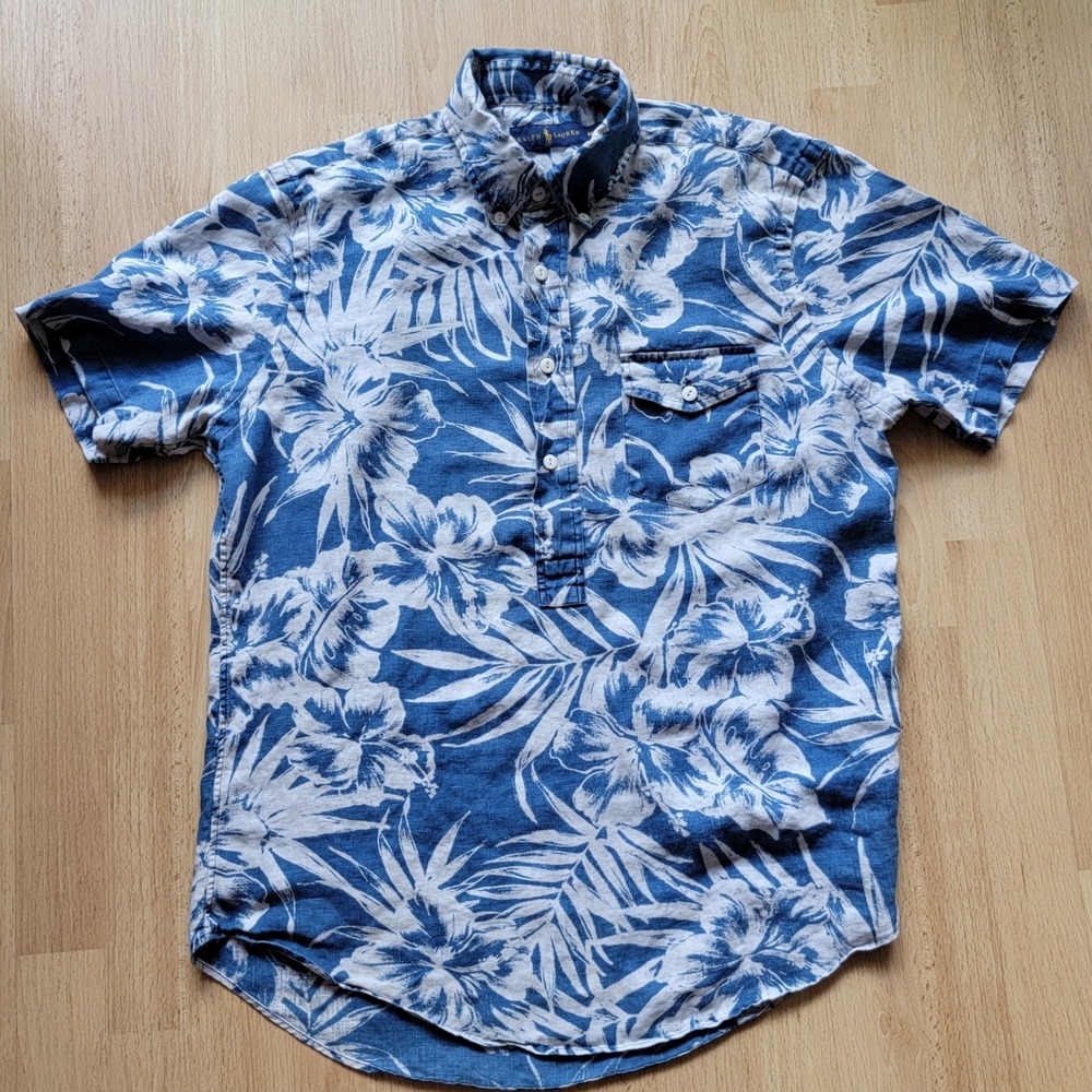Ralph Lauren Vtg Mens Blue White Floral Hibiscus 100% Linen Popover Shirt Medium